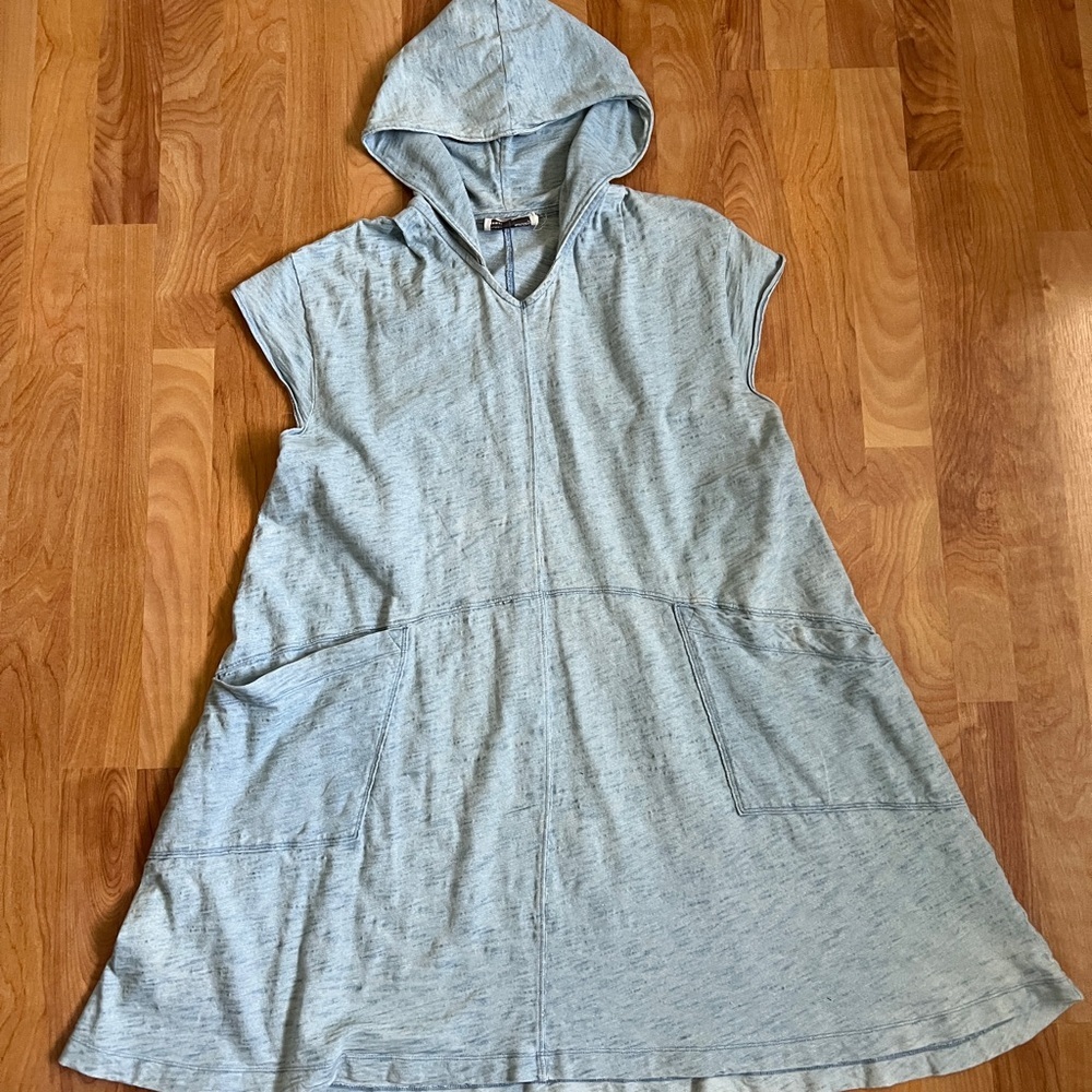 Anthropologie Saturday Sunday Cotton Knit Denim Blue Hooded Beachy Dress sz XS